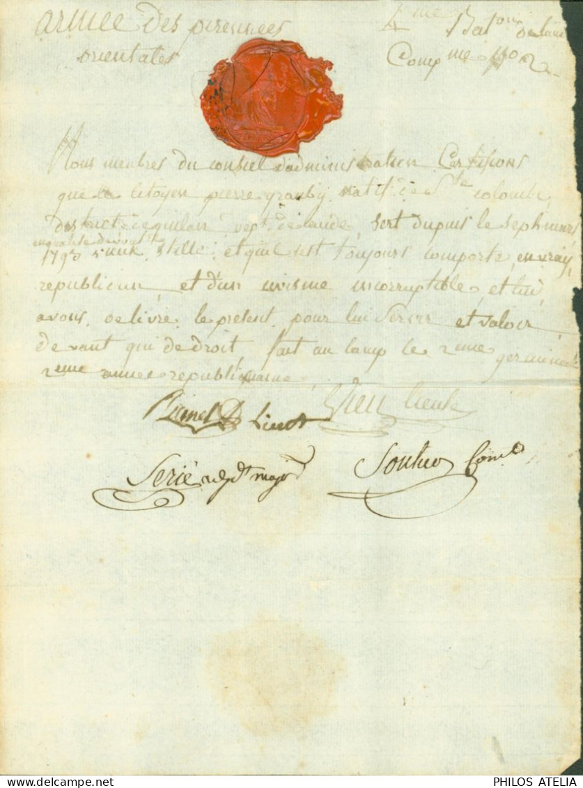 Certificat De Service Armée Des Pyrénées-Orientales Très Beau Cachet Cire RF Bataillon N°4 Aude Signatures Responsables - Politiques & Militaires