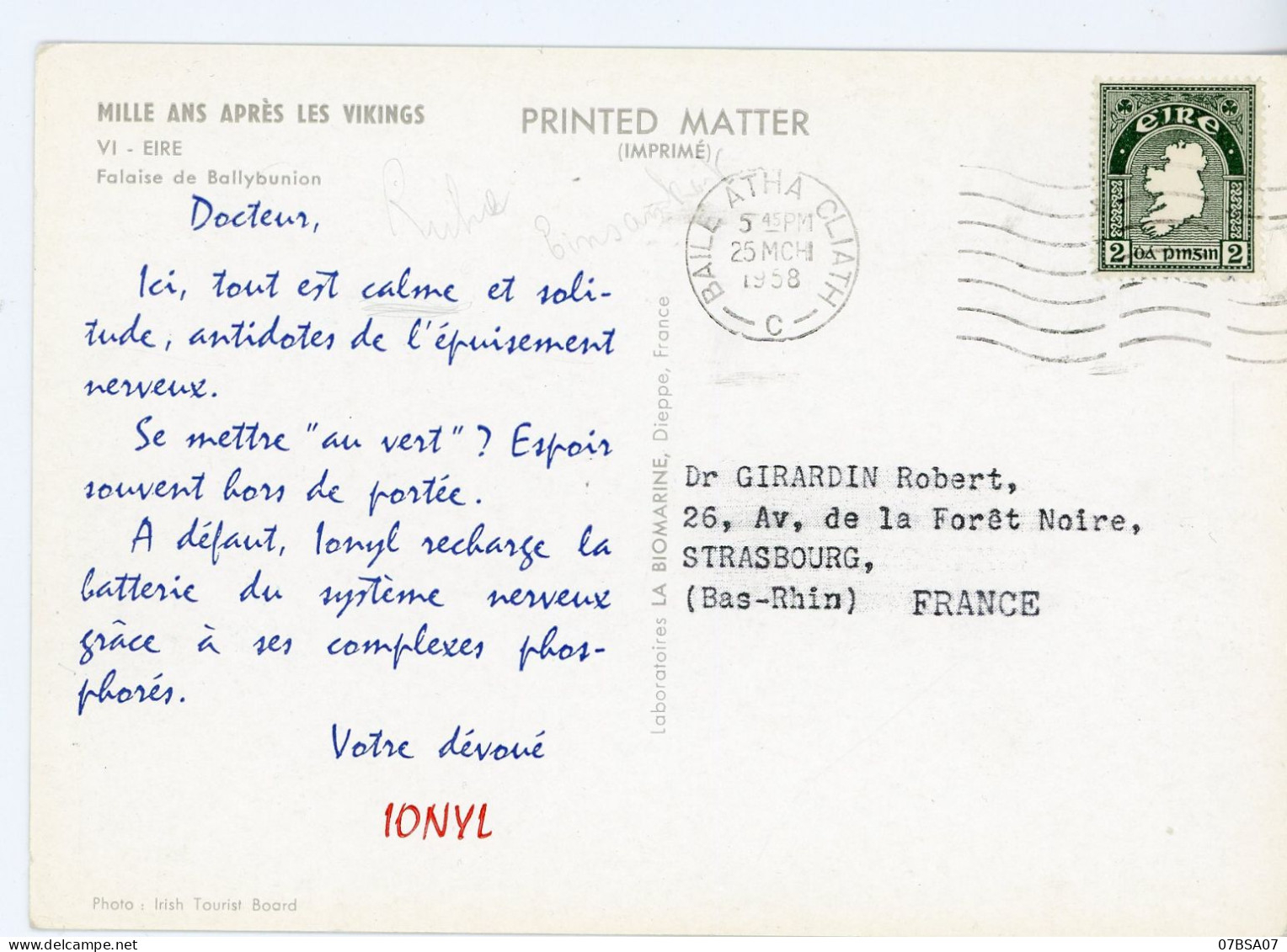 LABORATOIRE IONYL MILLE ANS APRES LES VIKINGS VI EIRE FALAISE DE BALLYBUNION CP 1958 BAILE ATHA CLIATTH IRLANDE => STRAS - Covers & Documents