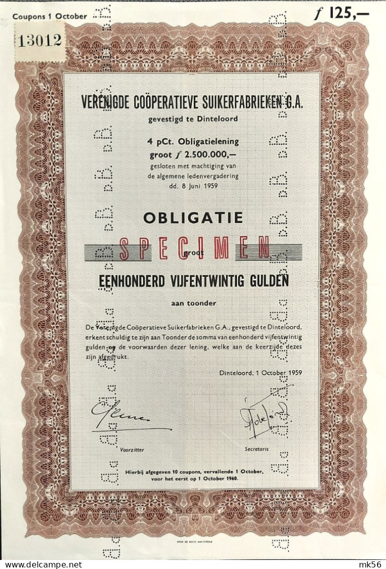 Verenigde Coöperatieve Suikerfabrieken G.A. - Dinteloord - Obligatie 4 % - 125 Gulden - Agricoltura