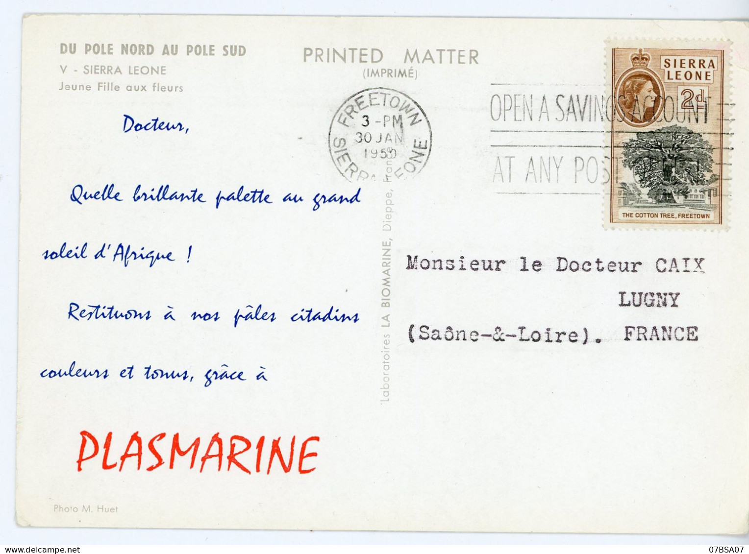 LABORATOIRE PLASMARINE DU POLE NORD AU POLE SUD V SIERRA LEONE JEUNE FILLE AUX FLEURS CP 1950 FREETOWN => FRANCE STRASBO - Sierra Leone (...-1960)