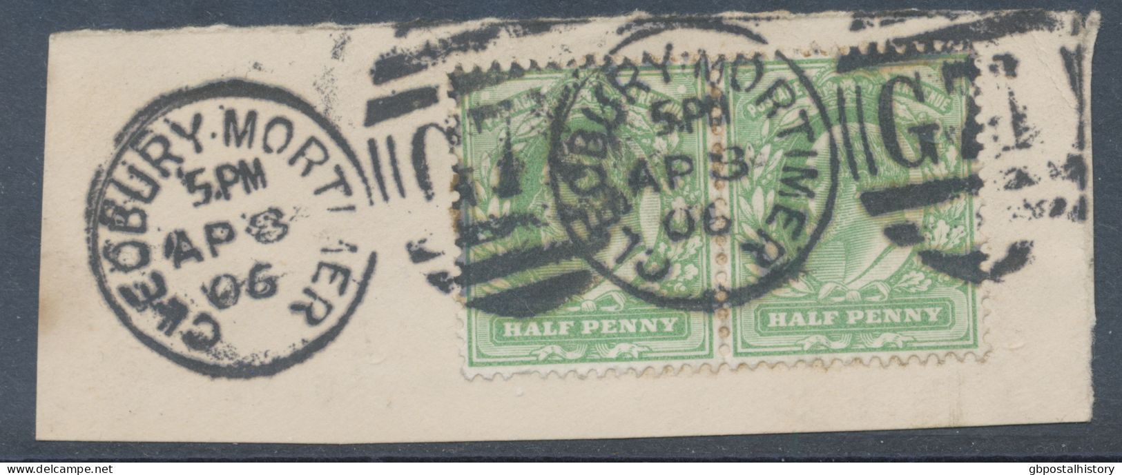 GB EVII ½d  Yellowish Green (pair) VFU On Piece With Duplex „CLEOBURY-MORTIMER / G71“, Shropshire (3VOD, Time In Full 5. - Oblitérés