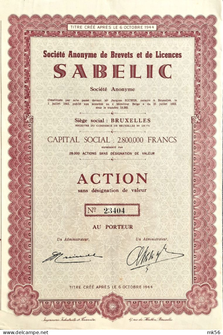 Société Anonyme De Brevets Et De Licences - SABELIC - Bruxelles - 1952 - Agriculture