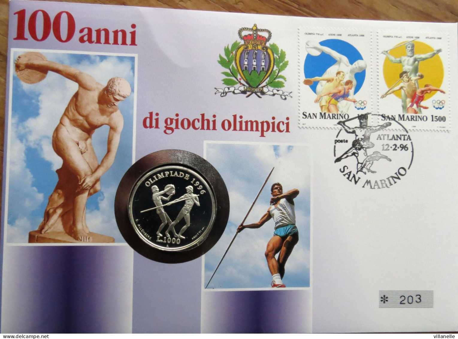 San Marino 1000 Lira 1995 Olympic Games 1996 + Cover RSM UNC ºº - San Marino
