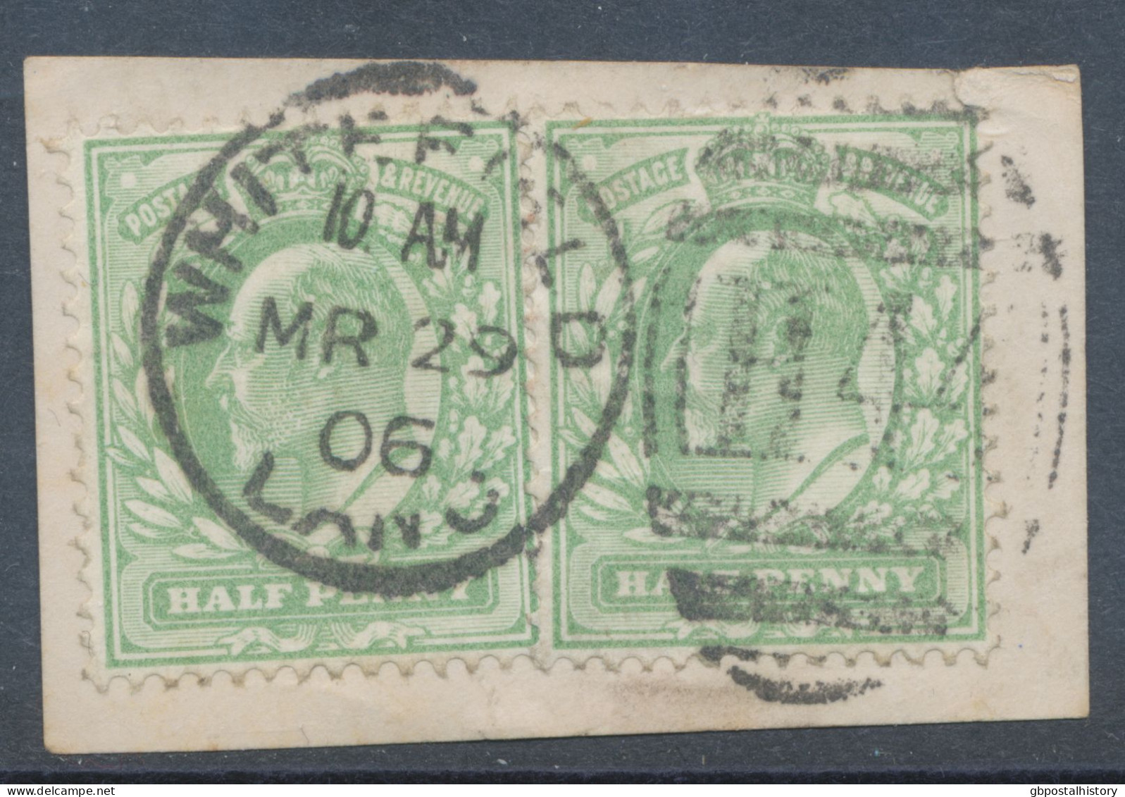GB EVII ½d  Yellowish Green (pair) VFU On Piece With Duplex „WHITEFIELD / LANC / H44“, Lancashire (3VODB, Time In Full 1 - Used Stamps