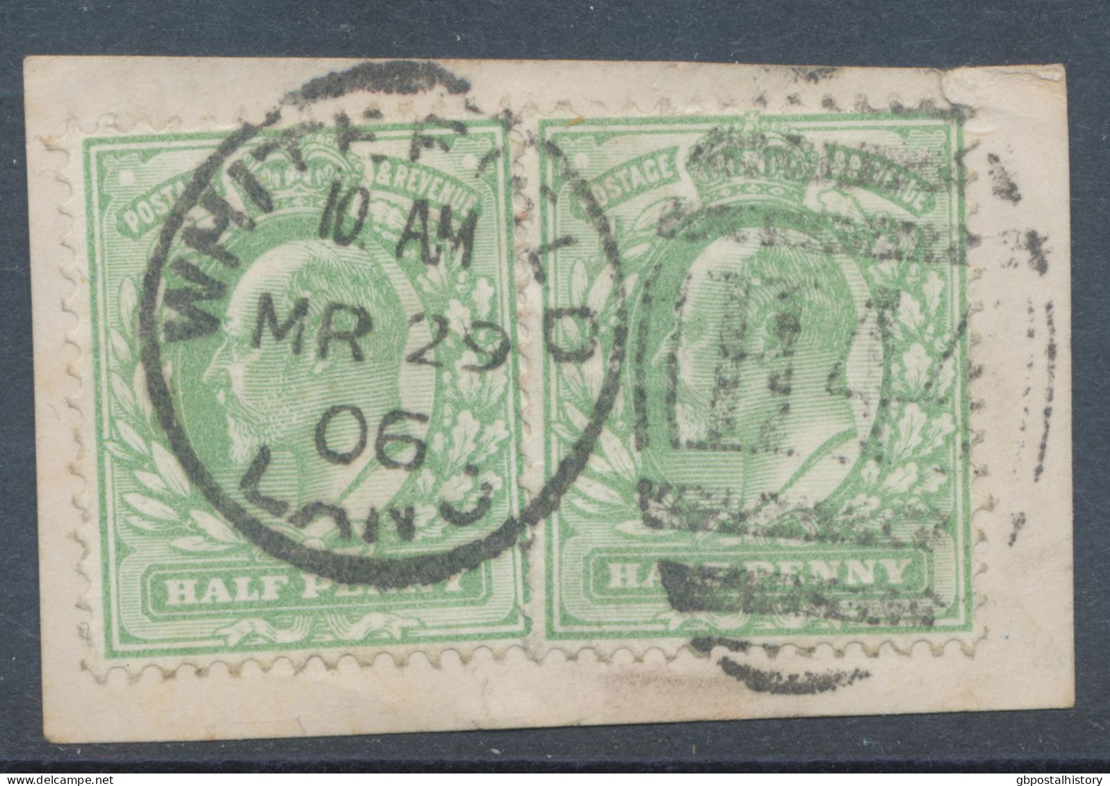 GB EVII ½d  Yellowish Green (pair) VFU On Piece With Duplex „WHITEFIELD / LANC / H44“, Lancashire (3VODB, Time In Full 1 - Oblitérés