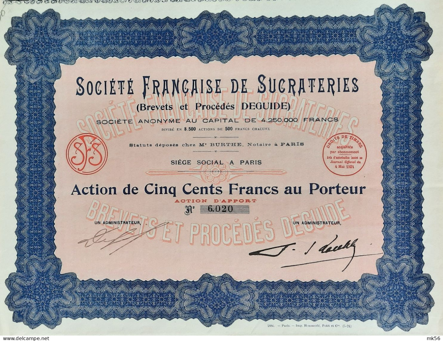 Société Française De Sucrateries - Paris - 1924 - Action De 500 Francs - Landwirtschaft