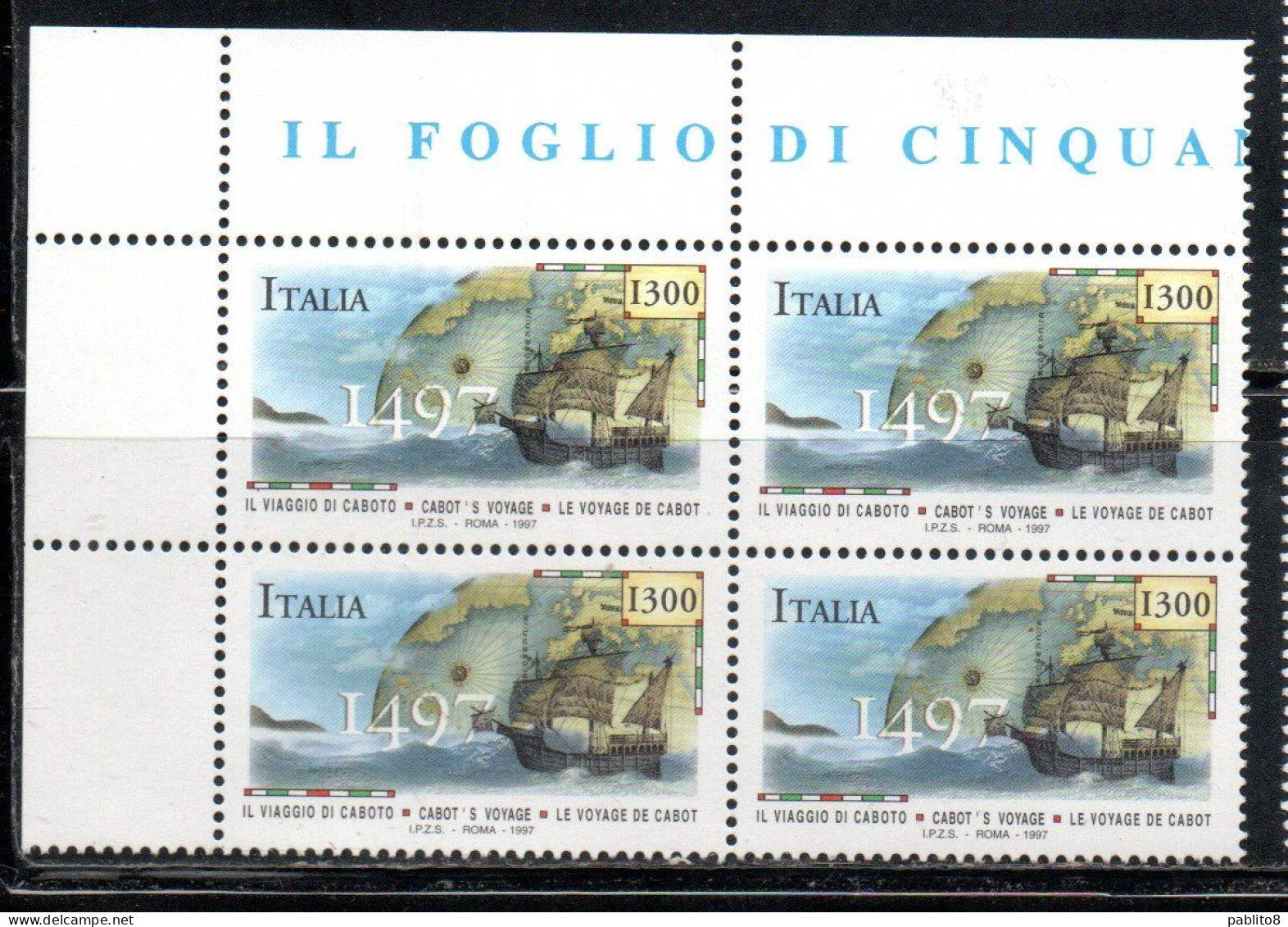 ITALIA REPUBBLICA ITALY REPUBLIC 1997 SBARCO DI GIOVANNI CABOTO SULLE COSTE CANADESI QUARTINA ANGOLO DI FOGLIO BLOCK MNH - 1991-00: Nieuw/plakker