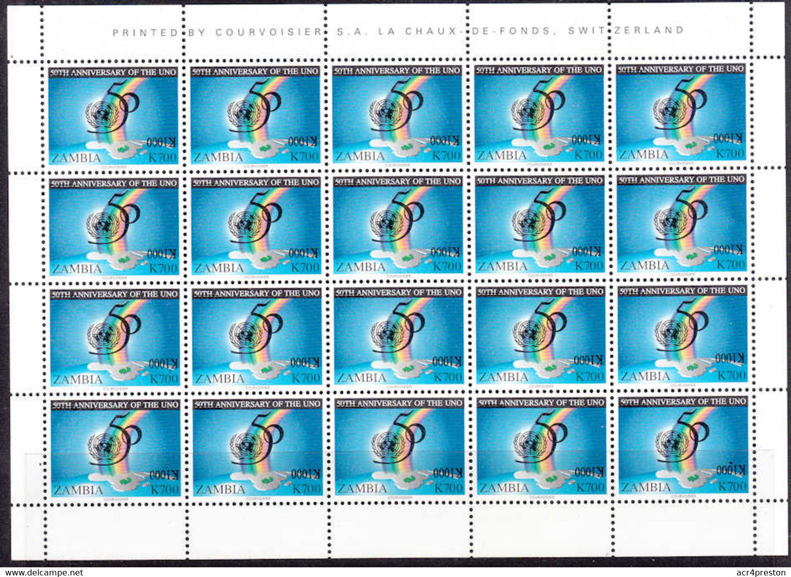 Zm0939aFS ZAMBIA 2004, SG 939 K1000 INVERTED Surcharge On K700 UNO  MNH Complete Sheet - Zambia (1965-...)