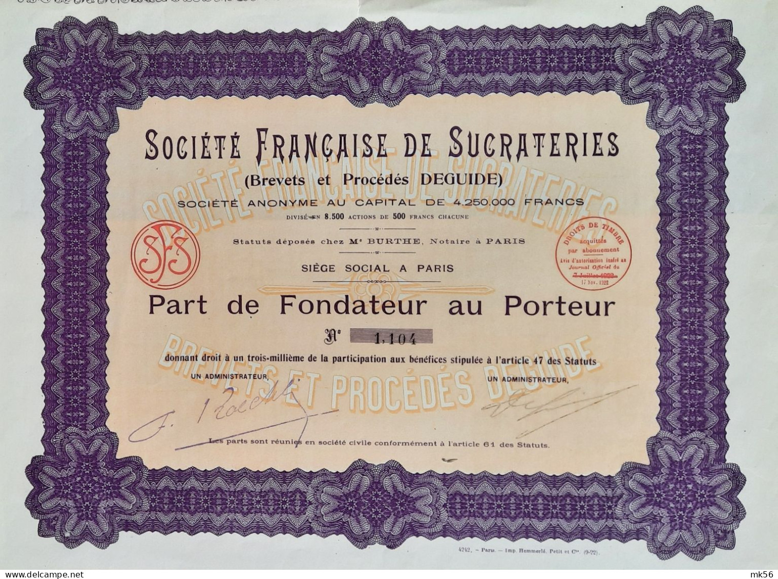 Société Française De Sucrateries - Paris - 1922 - Part De Fondateur - Agriculture