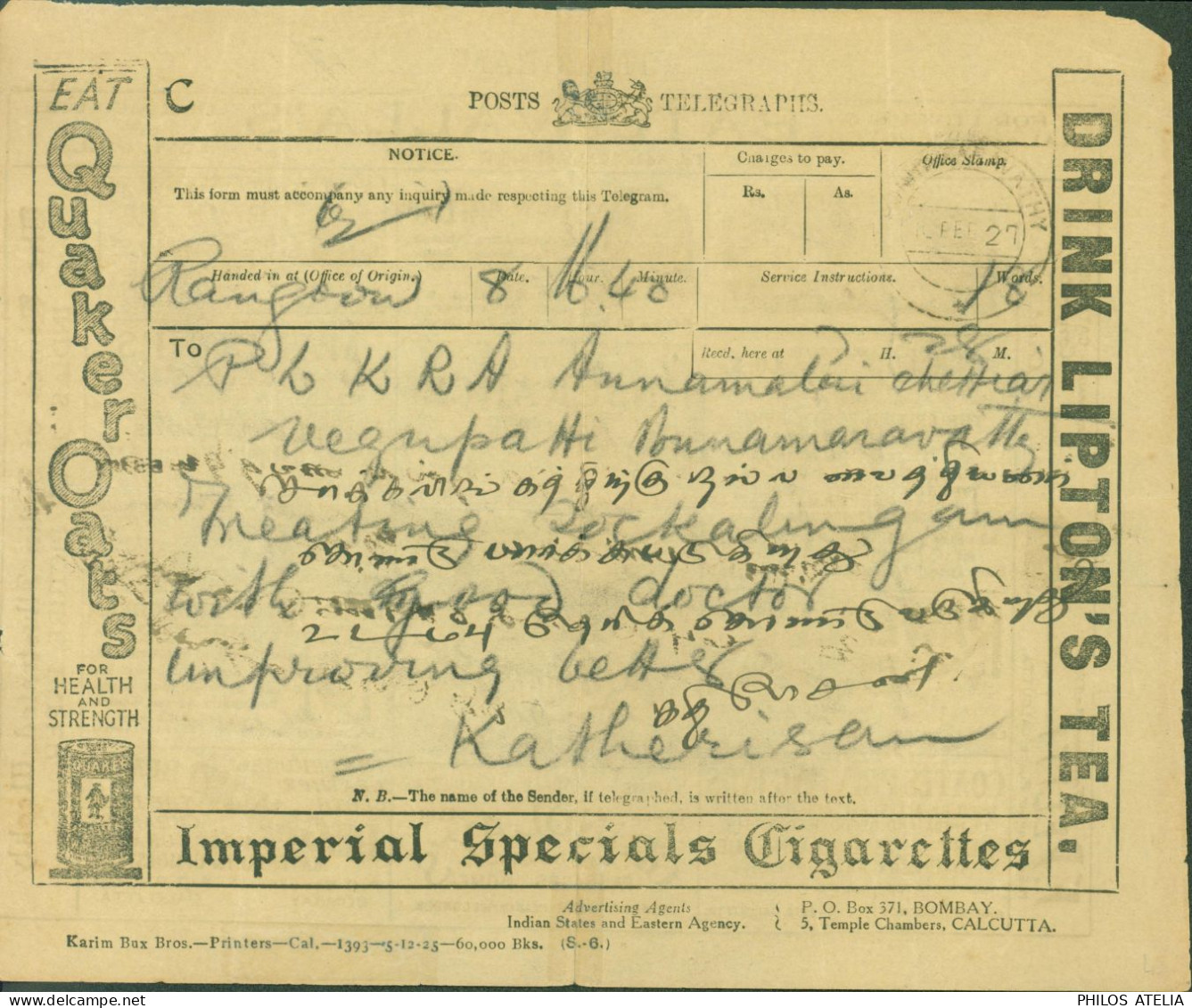 Indes Anglaises Télégramme 1927 Publicité Lipton's Tea Imperial Special Cigarettes CAD ?? Vathy 1927 - 1911-35 King George V