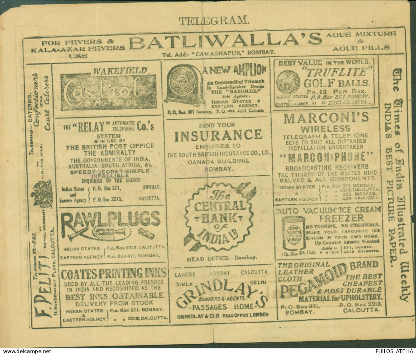 Indes Anglaises Télégramme 1927 Publicité Lipton's Tea Imperial Special Cigarettes CAD ?? Vathy 1927 - 1911-35 King George V