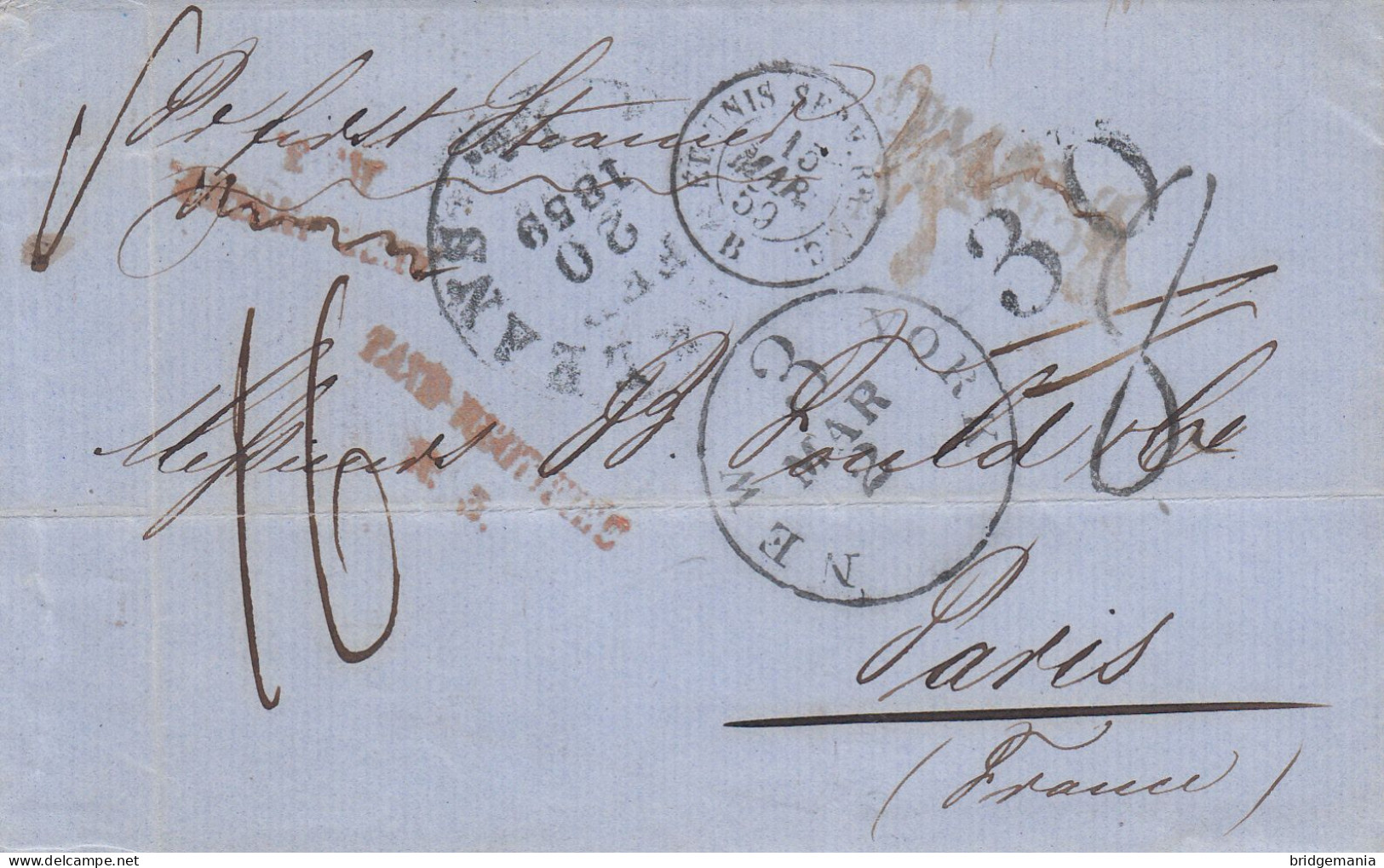 MTM087 - 1859 TRANSATLANTIC LETTER USA TO FRANCE Steamer AFRICA - 2 RATE - TAXE RECTIFIEE R.3 - Marcofilie