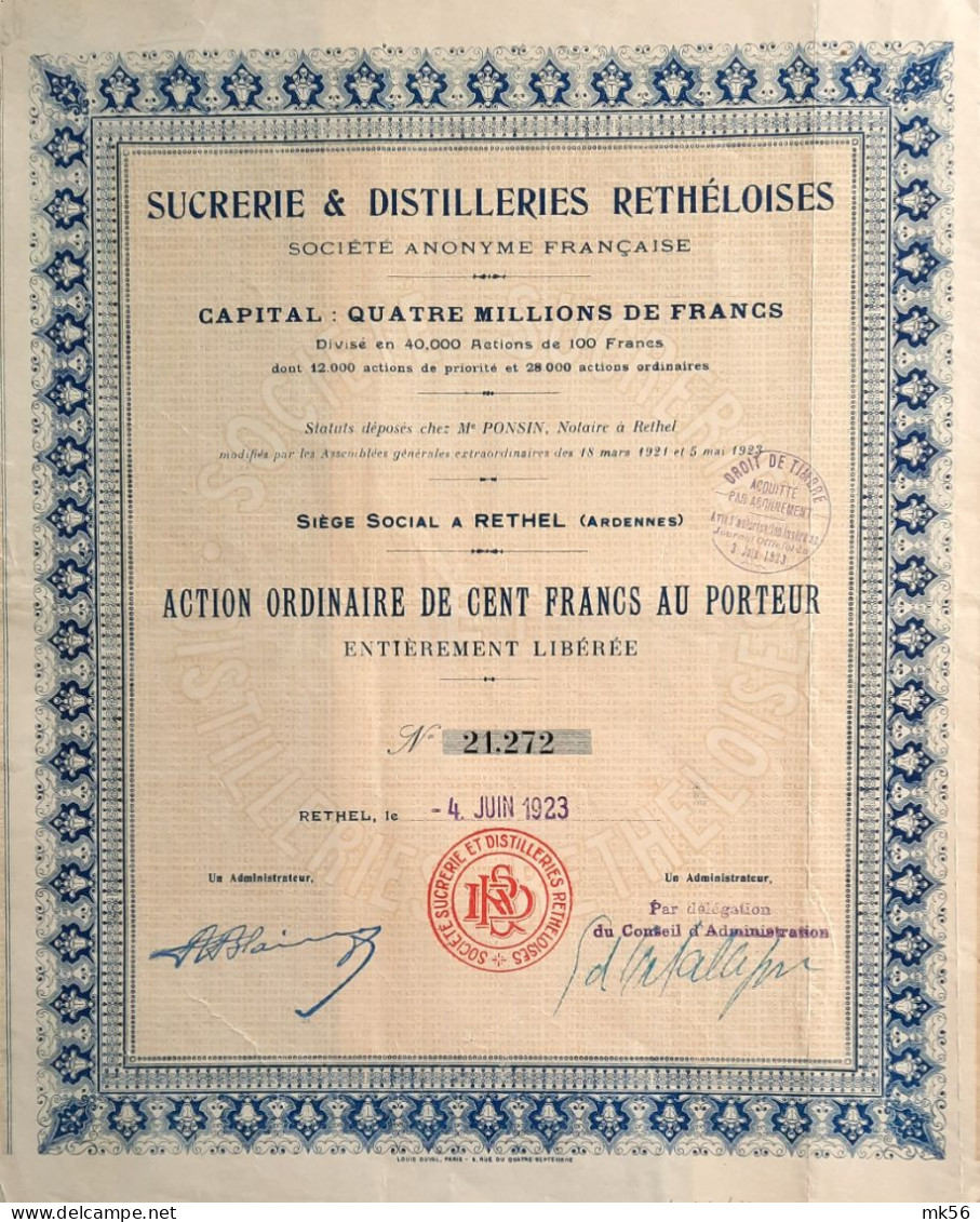 Sucrerie & Distilleries Rethéloises - Rethel (Ardennes) - 1923 - Action De 500 Francs - Agricoltura