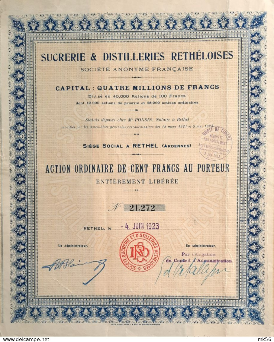 Sucrerie & Distilleries Rethéloises - Rethel (Ardennes) - 1923 - Action De 500 Francs - Agricultura