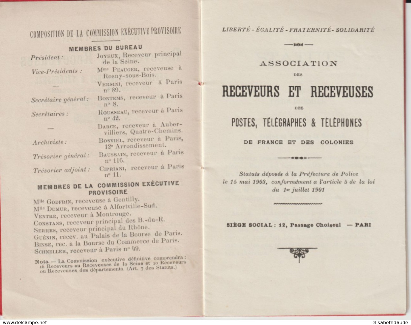 1903 - VIGNETTES COTISATION ASSOCIATION RECEVEURS DES POSTES De FRANCE ET COLONIES SUR LIVRET COMPLET 24 PAGES STATUTS ! - Cartas & Documentos