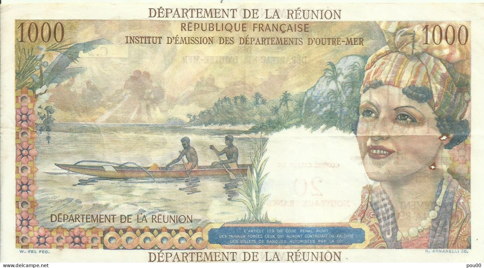 ILE DE LA REUNION 1000 FRANCS CONTRE VALEUR DE 20 NOUVEAUX FRANCS - Réunion