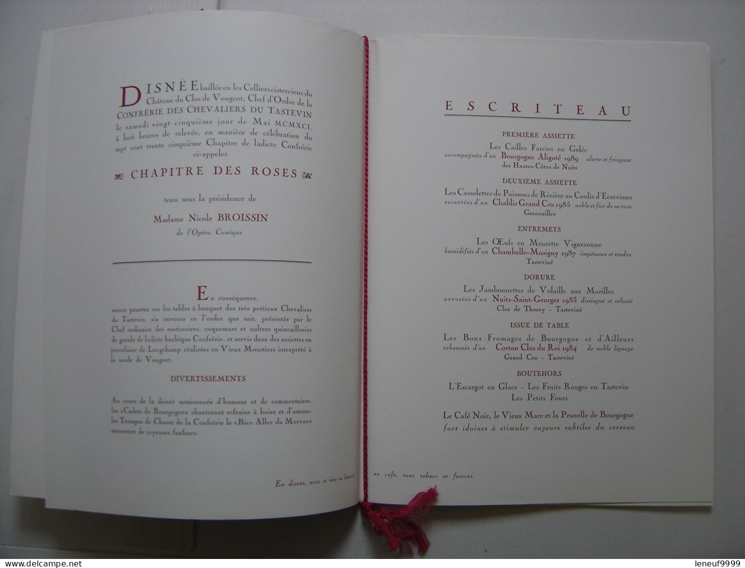 Menu CLOS DE VOUGEOT 1991 Chevaliers Tastevin Nicole BROISSIN Opera Comique - Menus