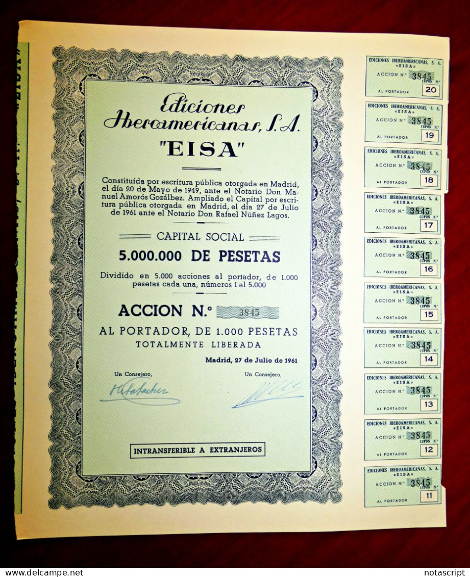 "EDICIONES IBEROAMERICANAS SA "  (EISA) Madrid 1961 Spain , Share Certificate - Industrial