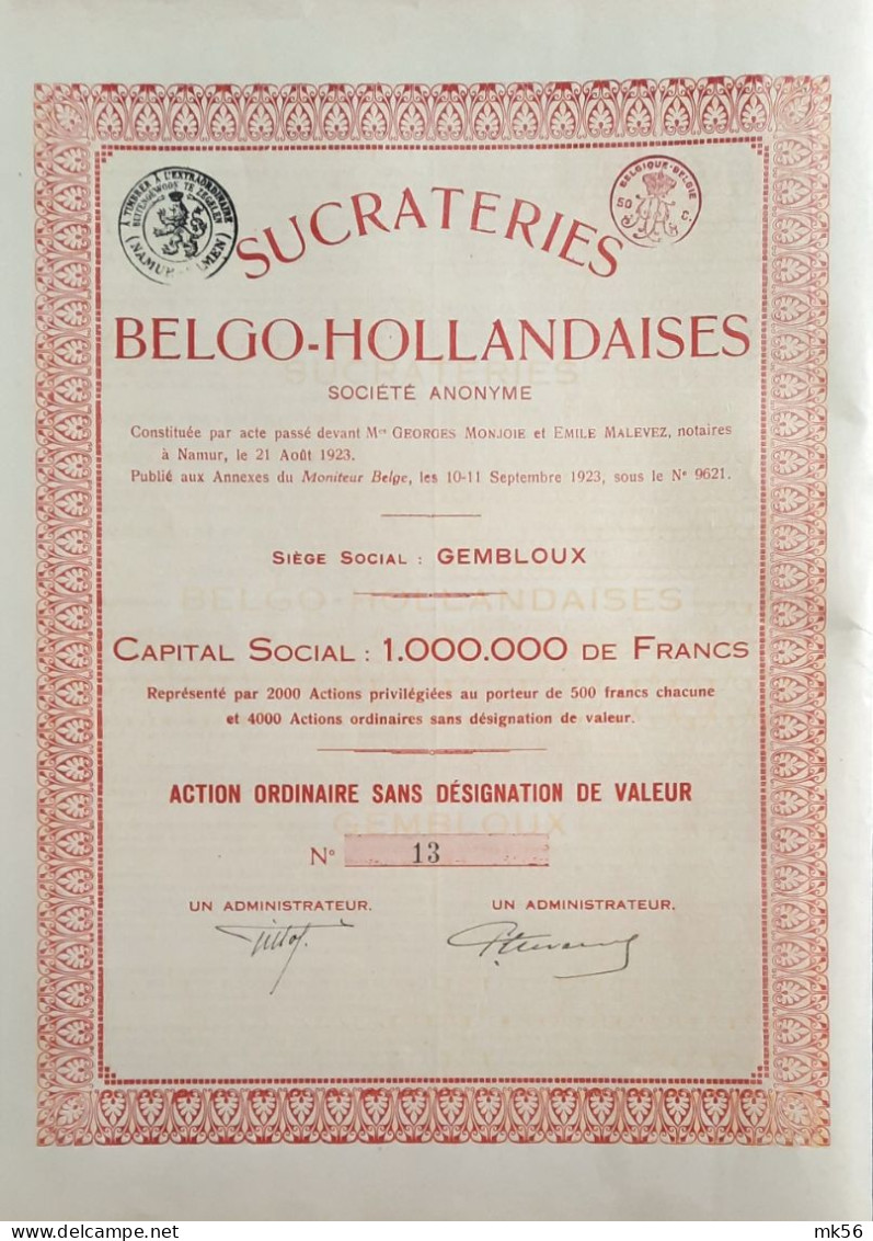 Sucrateries Belgo-Hollandaises - Gembloux - 1923 - Action Ordinaire - Agricoltura