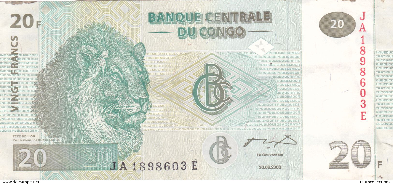 CONGO - BILLET 20 FRANCS Du 30 Juin 2003 - N° Série JA 1898603 E - Lion Lionne Et Ses Petits Lionceaux - République Du Congo (Congo-Brazzaville)