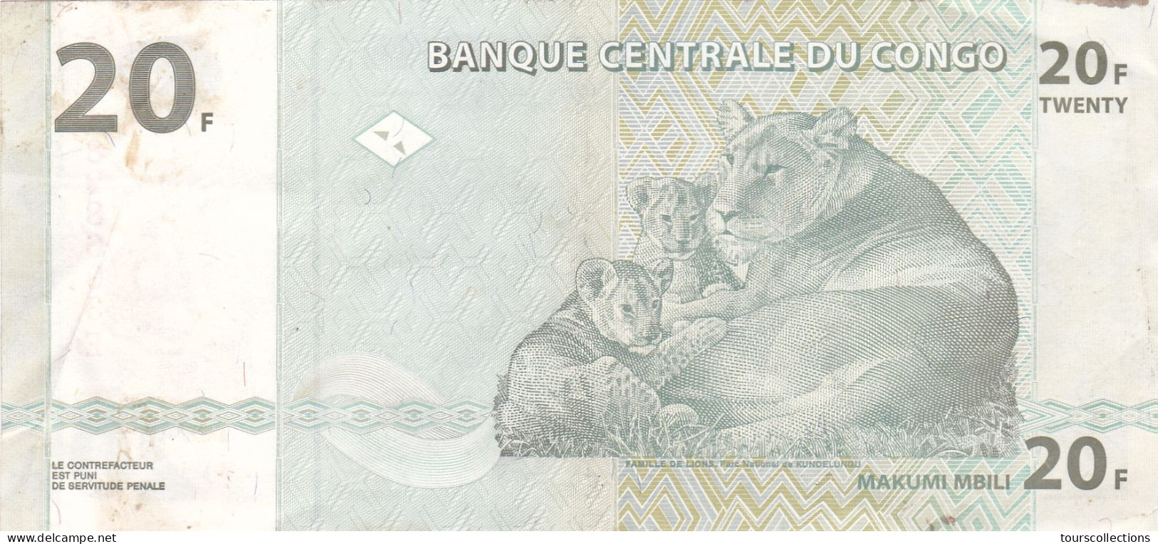 CONGO - BILLET 20 FRANCS Du 30 Juin 2003 - N° Série JA 1898603 E - Lion Lionne Et Ses Petits Lionceaux - République Du Congo (Congo-Brazzaville)