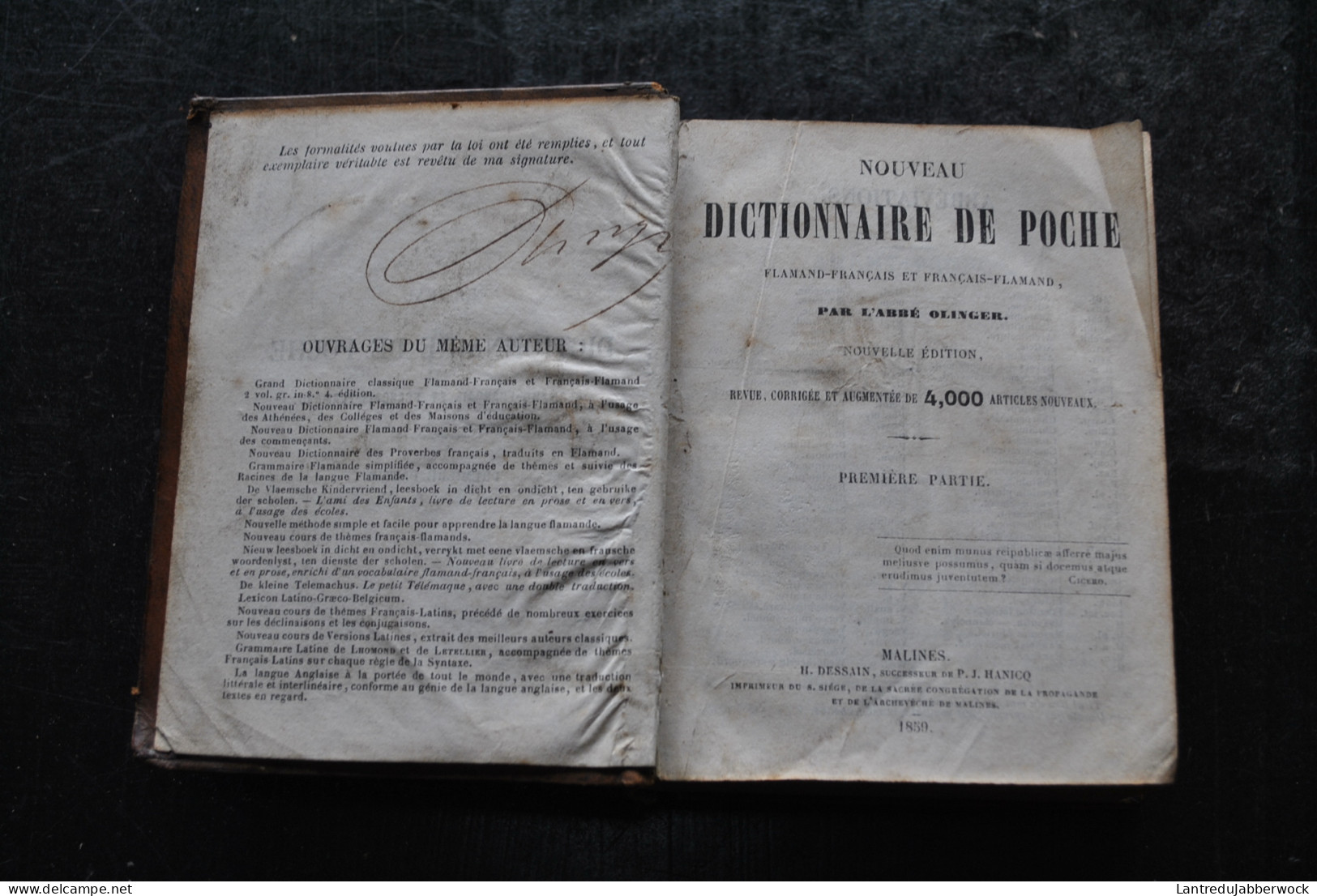 Abbé OLINGER Nouveau Dictionnaire De Poche Flamand Français Et Français Flamand Malines Dessain 1859 Edition Corrigée - Dizionari