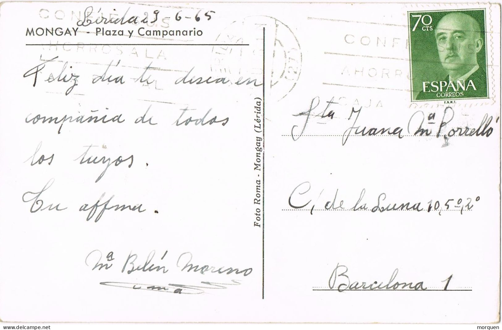 54477. Postal LERIDA 1965. Vista De Plaza Y Campanario De MONGAY (Lerida) - Briefe U. Dokumente