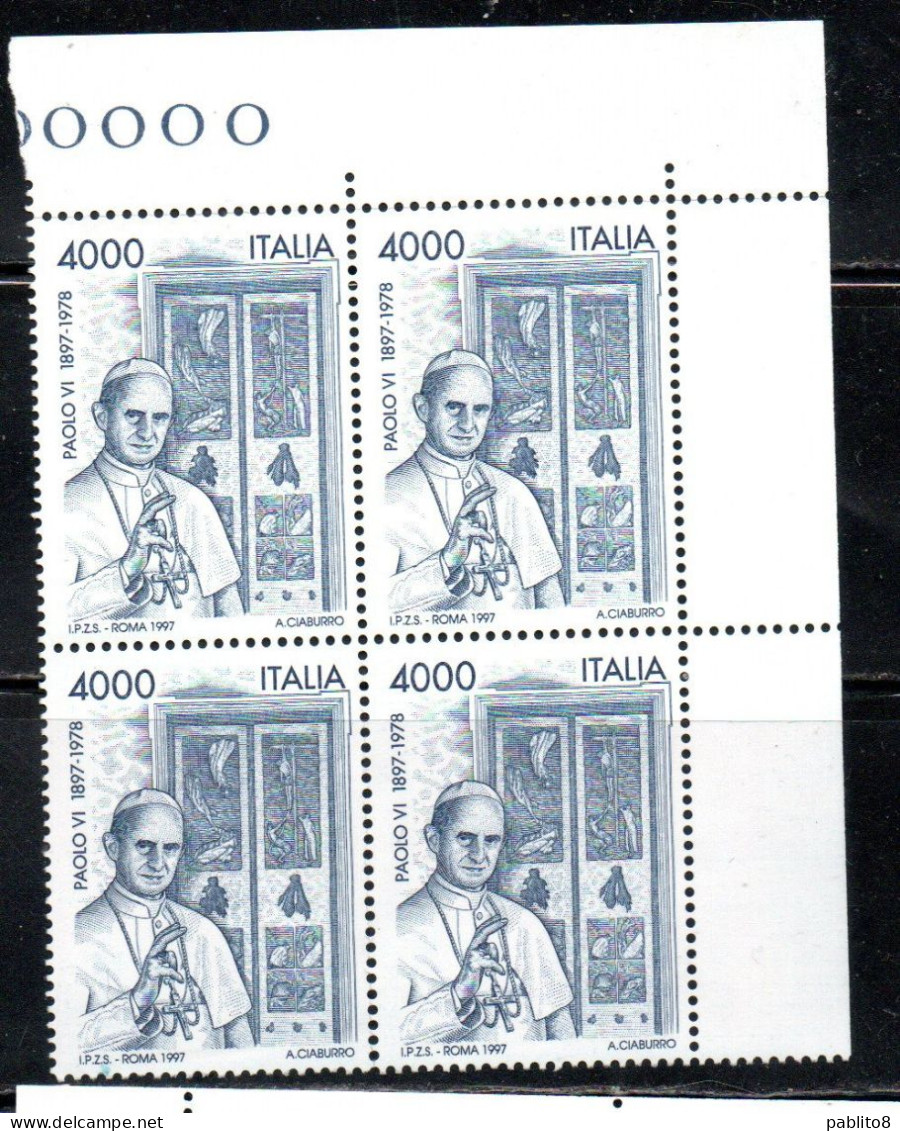 ITALIA REPUBBLICA ITALY REPUBLIC 1997 PAPA PAOLO VI POPE PAUL QUARTINA ANGOLO DI FOGLIO BLOCK MNH - 1991-00: Mint/hinged