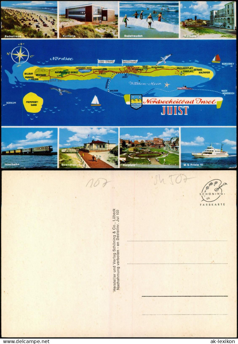 Juist Mehrbild-AK Mit Insel-Landkarte, Inselbahn, Strand Uvm. 1970 - Juist