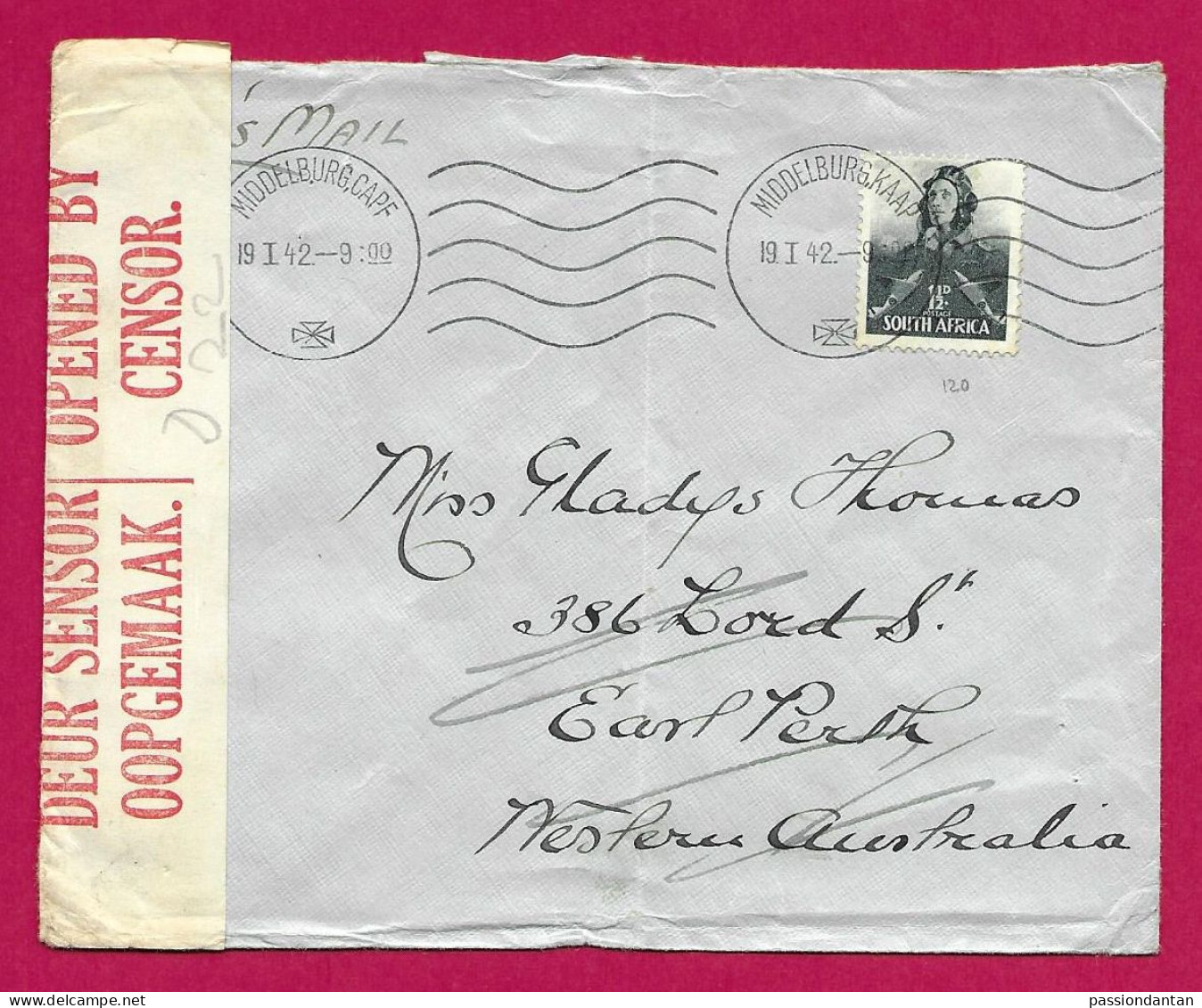 Enveloppe Avec Censure Datée De 1942 - Voyagée De Middelburg En Afrique Du Sud Vers Perth En Australie - Gebraucht
