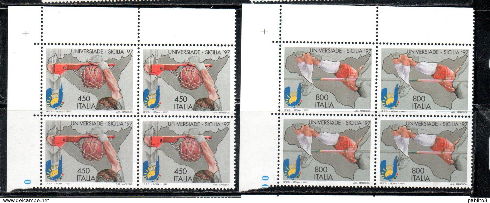 ITALIA REPUBBLICA ITALY REPUBLIC 1997 UNIVERSIADI DI PALERMO GAMES SERIE COMPLETA SET QUARTINA ANGOLO DI FOGLIO  MNH - 1991-00:  Nuovi