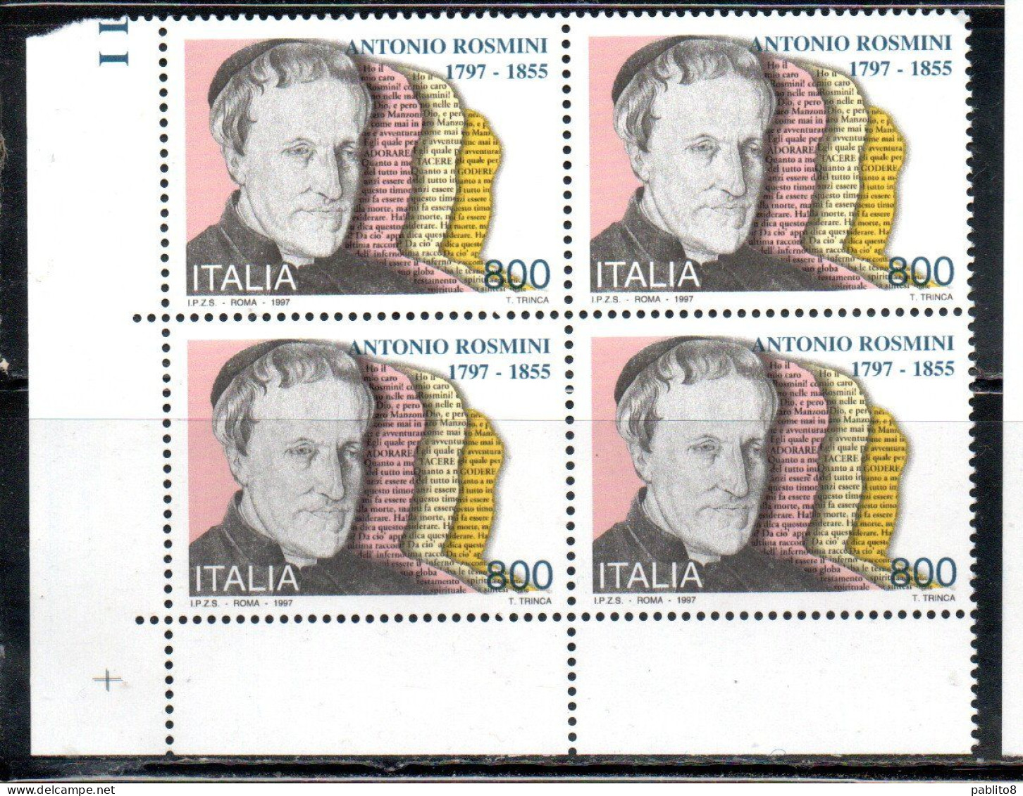 ITALIA REPUBBLICA ITALY REPUBLIC 1997 ANTONIO ROSMINI QUARTINA ANGOLO DI FOGLIO BLOCK MNH - 1991-00: Ungebraucht