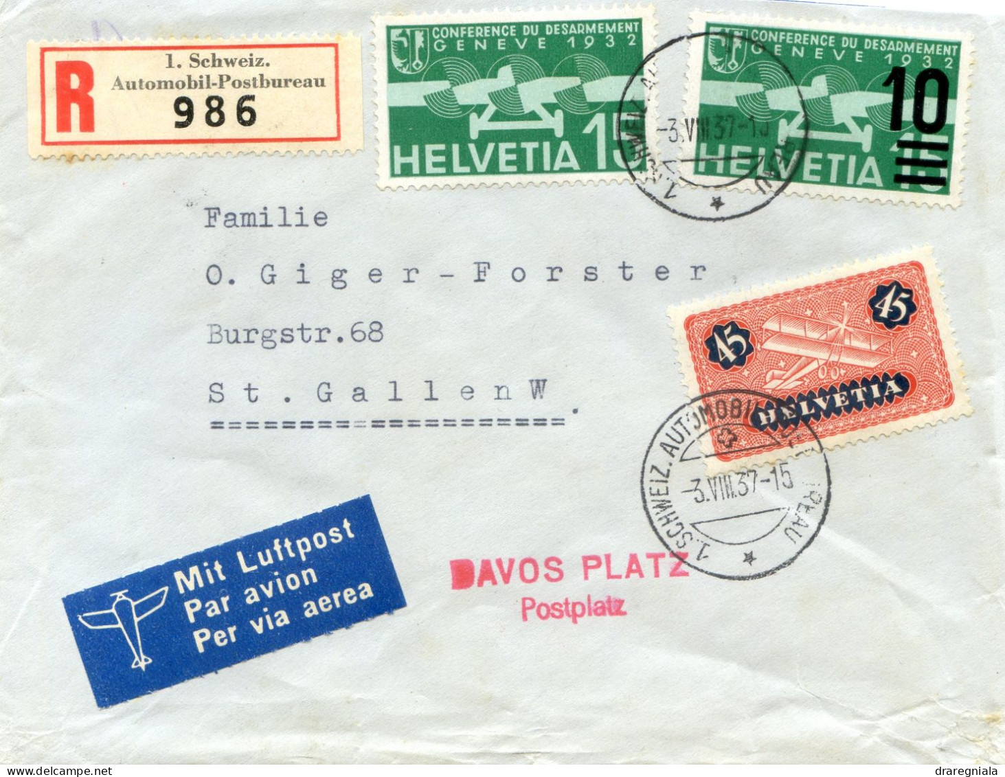 Lettre 1 Schweiz Automobil Postbureau 3 VIII 37 Pour St Gallen - Timbre 8 16 20 - Davos Platz Postplatz - Other & Unclassified