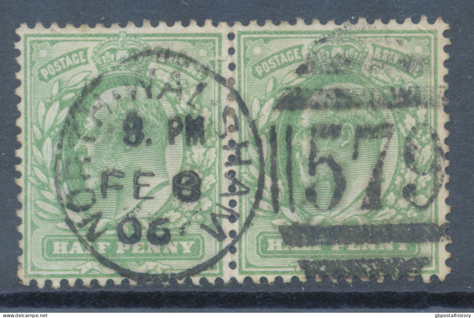 GB EVII ½d  Yellowish Green (pair) VFU With Duplex „NORTH-WALSHAM / 579“, Norfolk (3VOD, Time In Full 8. PM), 8.2.1906 - Used Stamps