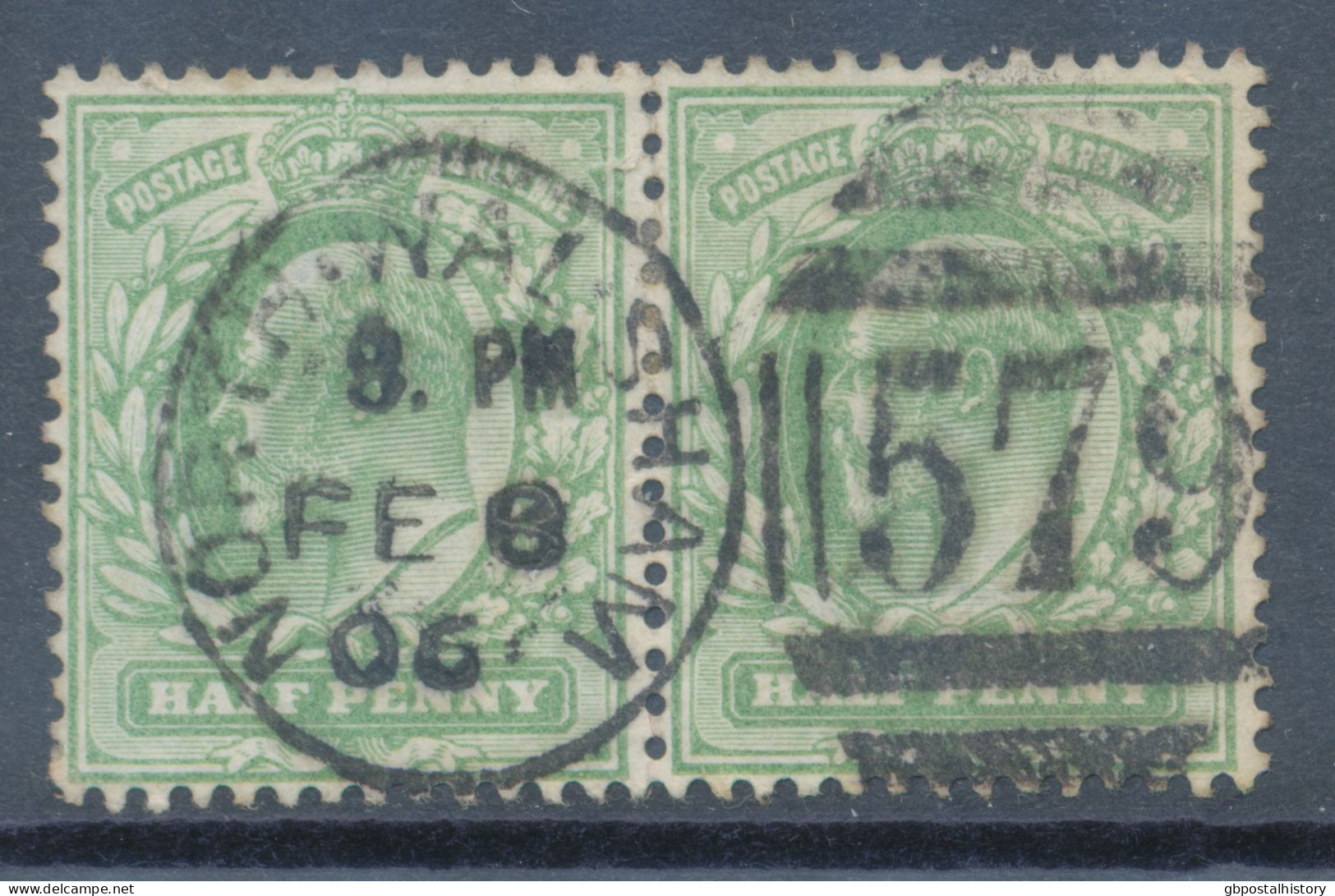 GB EVII ½d  Yellowish Green (pair) VFU With Duplex „NORTH-WALSHAM / 579“, Norfolk (3VOD, Time In Full 8. PM), 8.2.1906 - Oblitérés