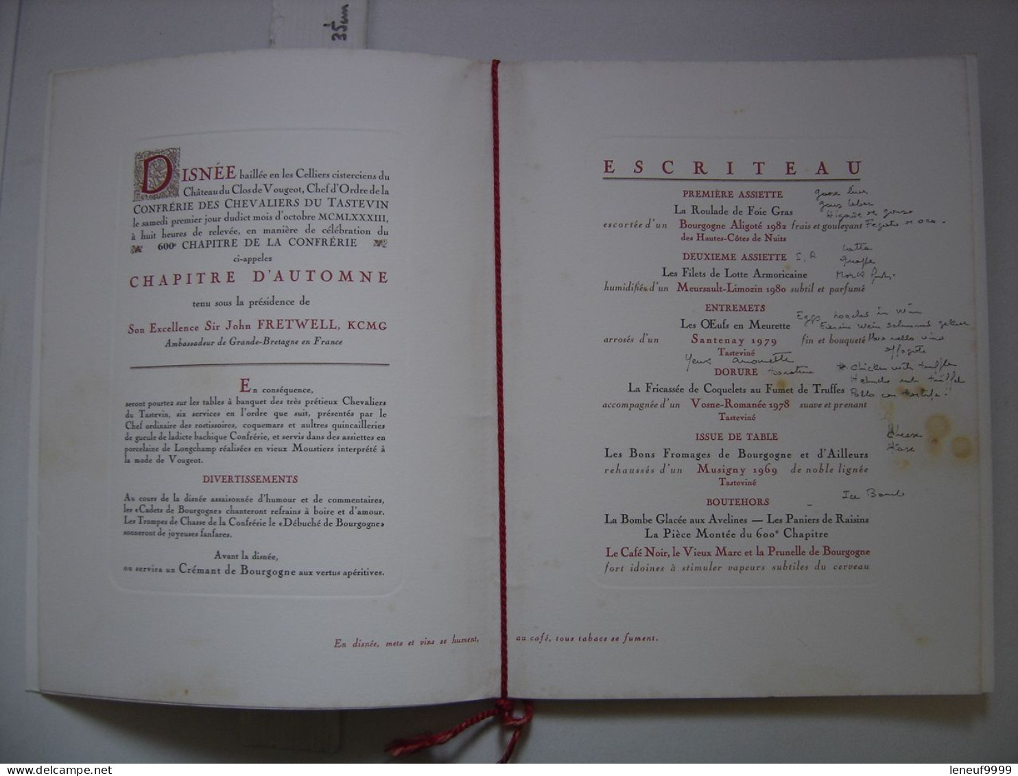 Menu CLOS DE VOUGEOT 1983 Chevaliers Tastevin Sir John FRETWELL Grande Bretagne - Menus