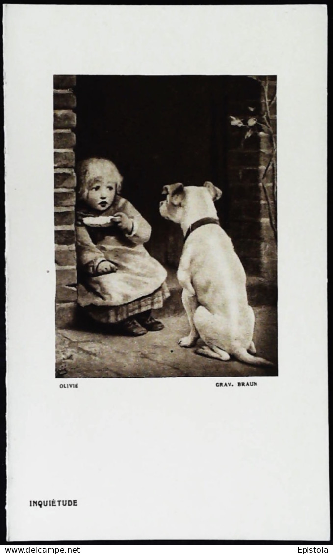 ► Ancien MENU Gravure Braun Tableau  Olivie INQUIETUDE Thème Fillette Avec Chien (Éd.Minéralogène Bosson) Dim. 14x8 - Menus