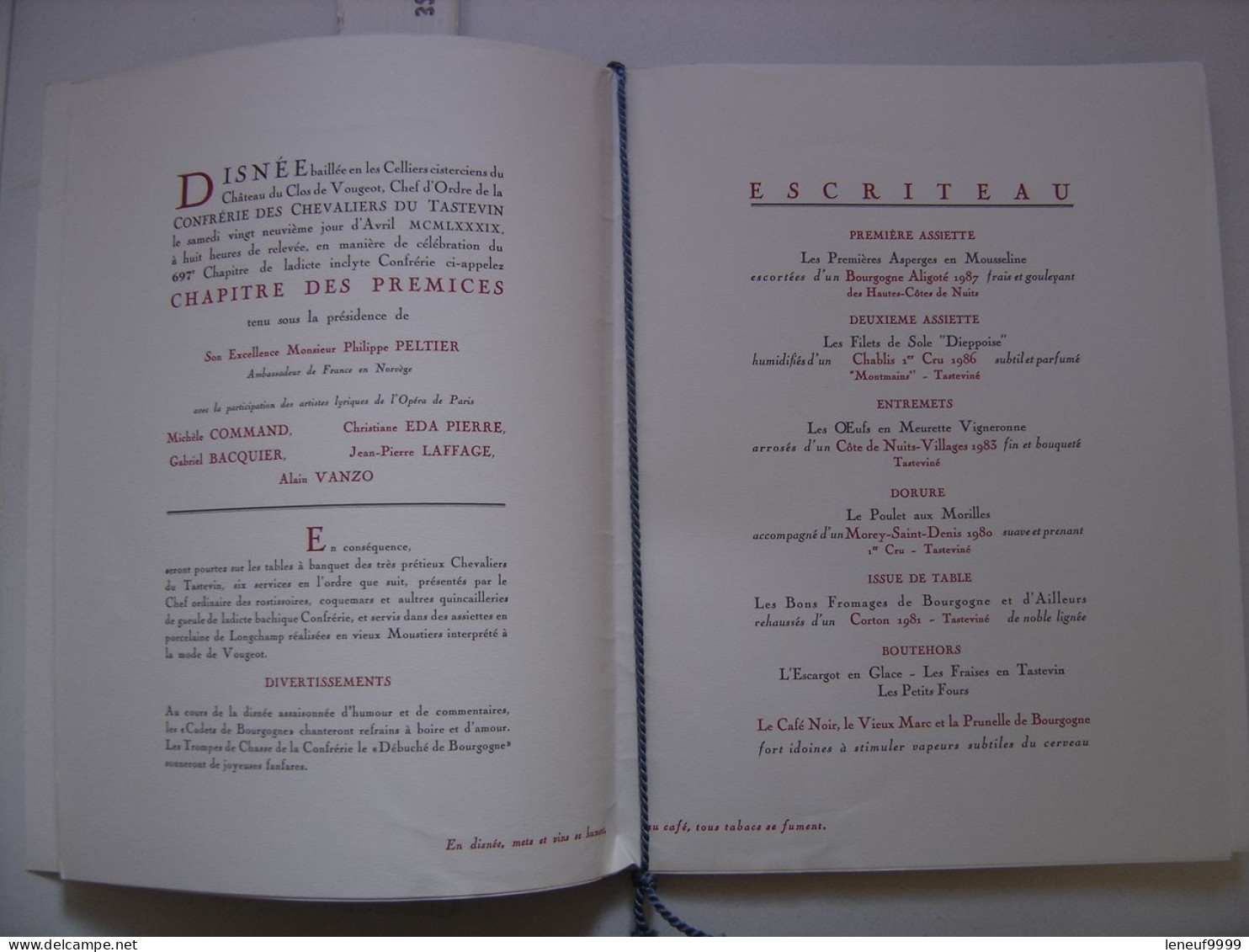 Menu CLOS DE VOUGEOT 1989 Chevaliers Tastevin Philippe PELTIER Ambassade NORVEGE - Menus