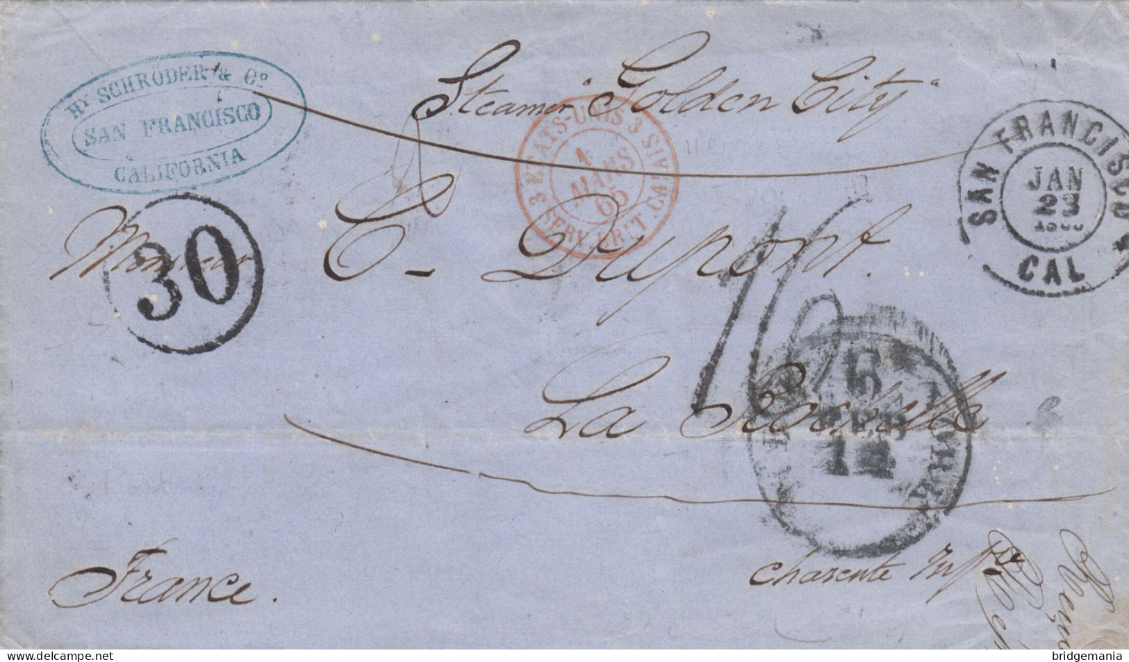 MTM089 - 1865 TRANSATLANTIC LETTER USA TO FRANCE Steamer AUSTRALASIA UNPAID 2 RATE - Marcophilie