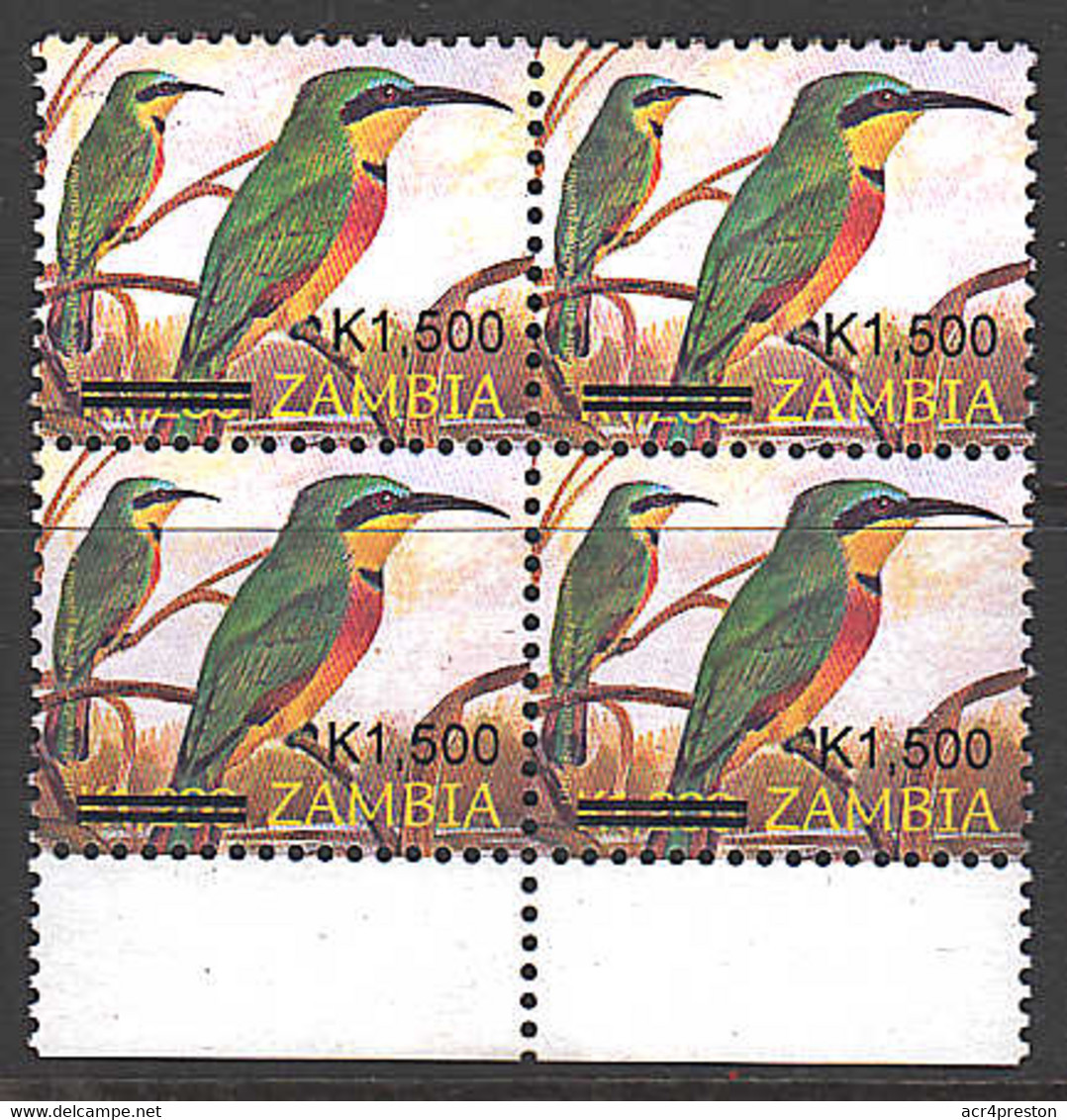 Zm1025b4  Zambia 2007, SG1025, K1,500 Surcharge On K1,200 Birds Of Zambia - Small Format,  MNH Block Of 4 - Zambie (1965-...)