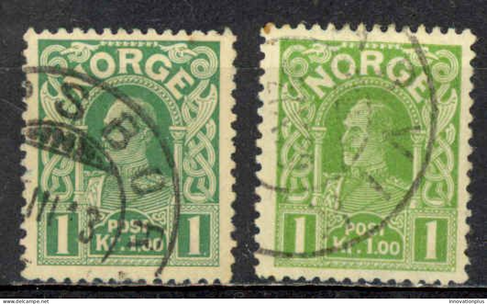 Norway Sc# 70-70a Used 1911-1918 1k Light & Dark Green King Haakon VII - Usati