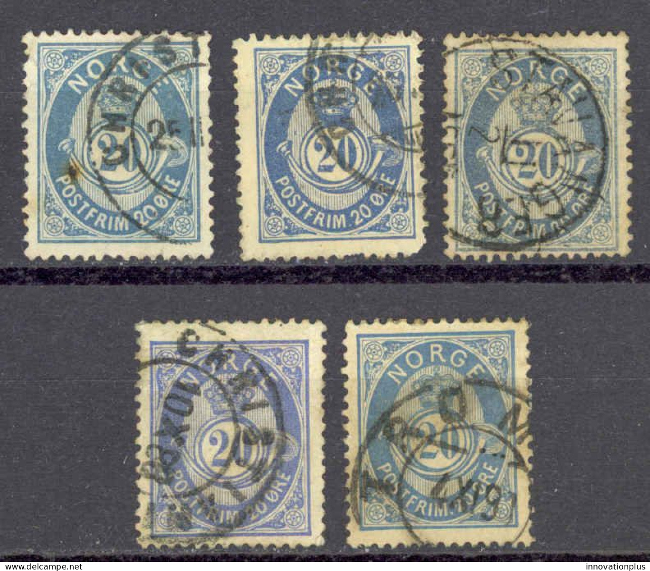 Norway Sc# 44 Used Lot/5 1886 20o Blue Post Horn & Crown - Used Stamps