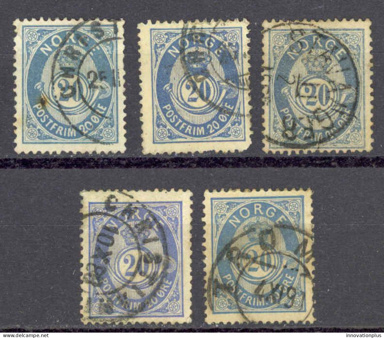 Norway Sc# 44 Used Lot/5 1886 20o Blue Post Horn & Crown - Gebruikt