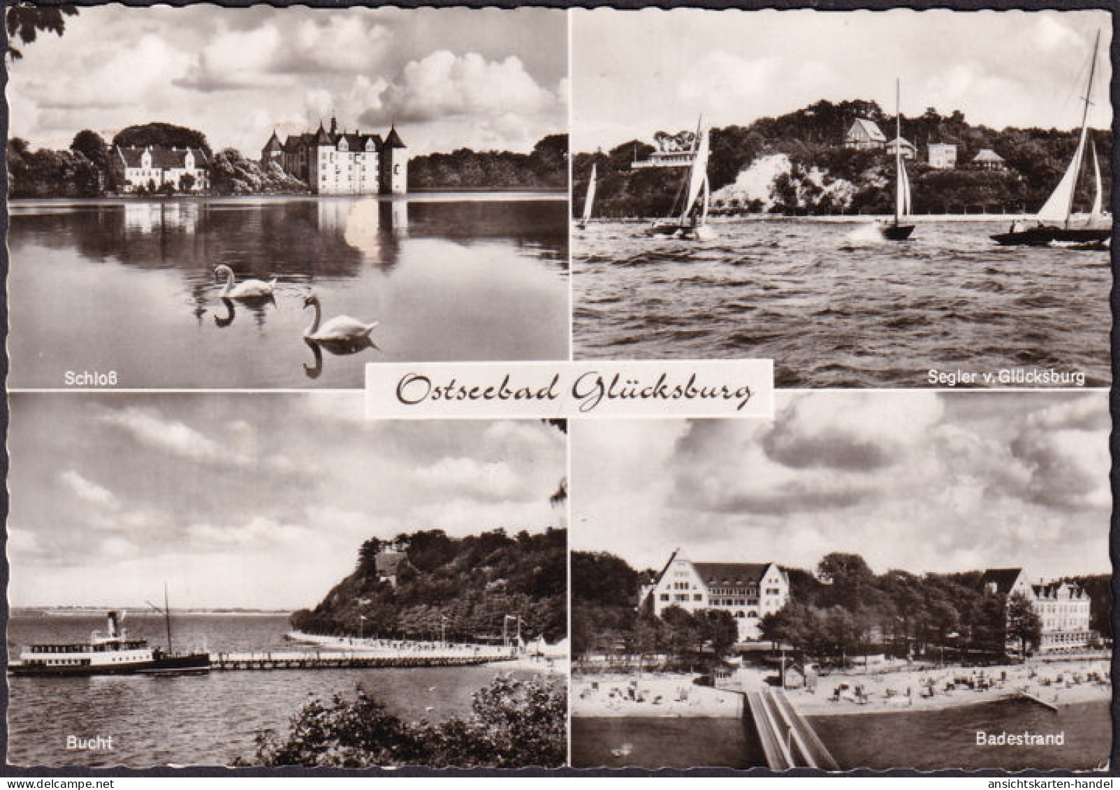 AK Glücksburg, Bucht, Schiff, Badestrand, Segelboote, Gelaufen 1961 - Gluecksburg