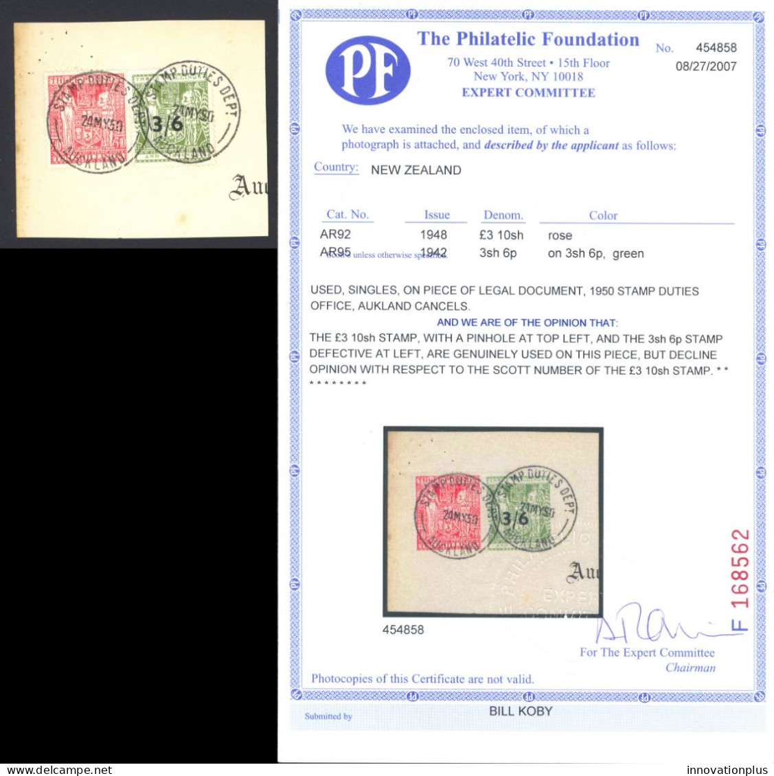 New Zealand Sc# AR92 (AR66?) Used PF Cert. (Postally Used??) 1948 3sh6p Surch. - Postal Fiscal Stamps