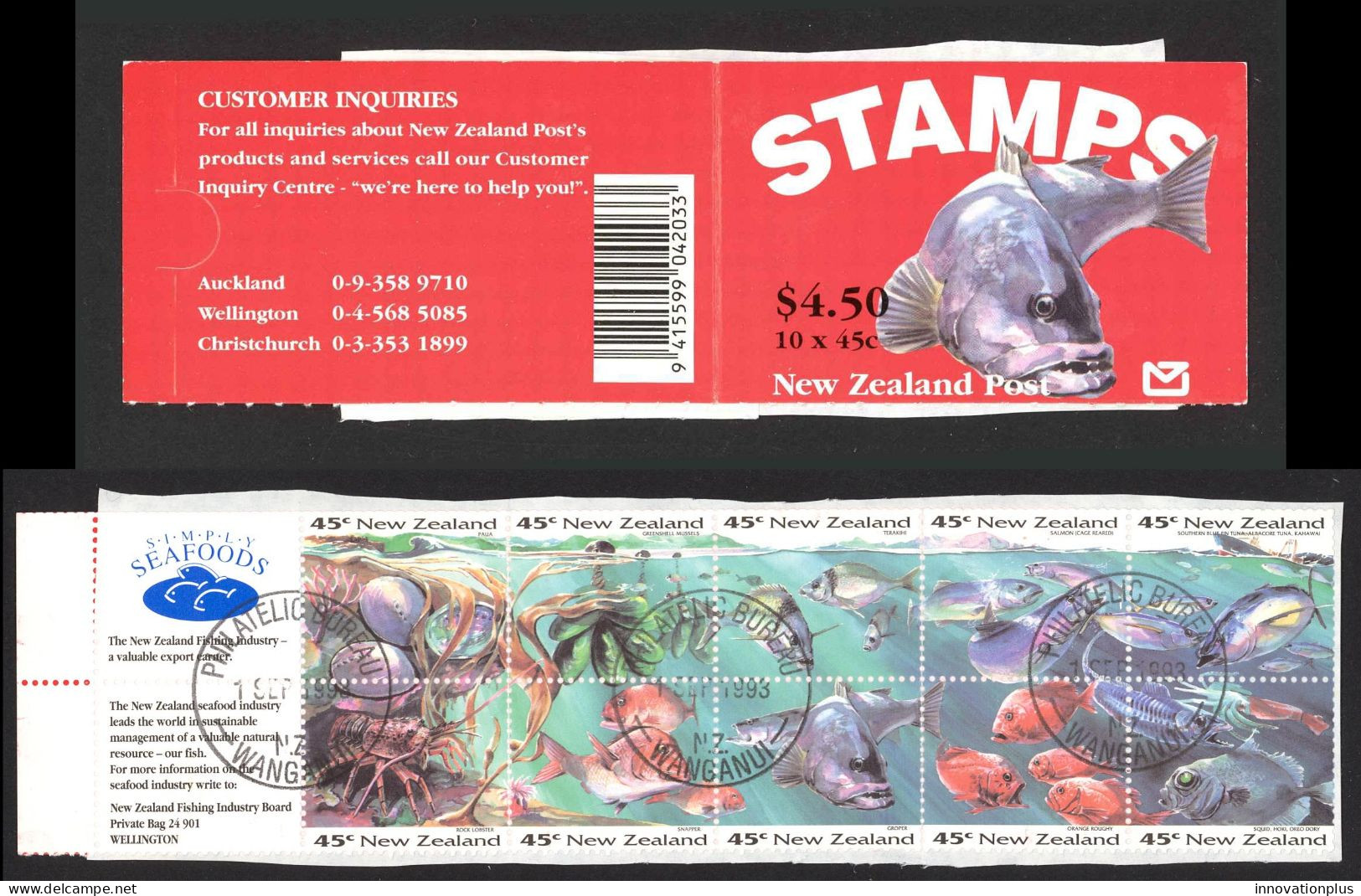 New Zealand Sc# 1179a SG# W42a FD Cancel Booklet 1993 $4.50 Fish Hang-Sell - Carnets