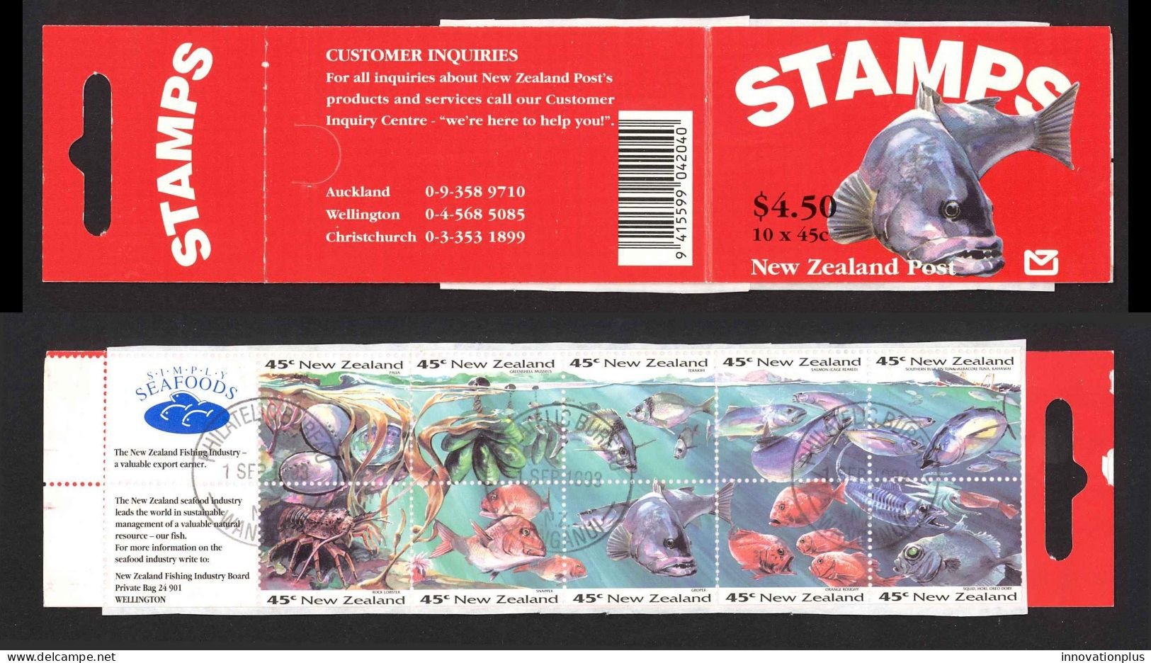 New Zealand Sc# 1179a SG# W42b FD Cancel Booklet 1993 $4.50 Fish - Cuadernillos