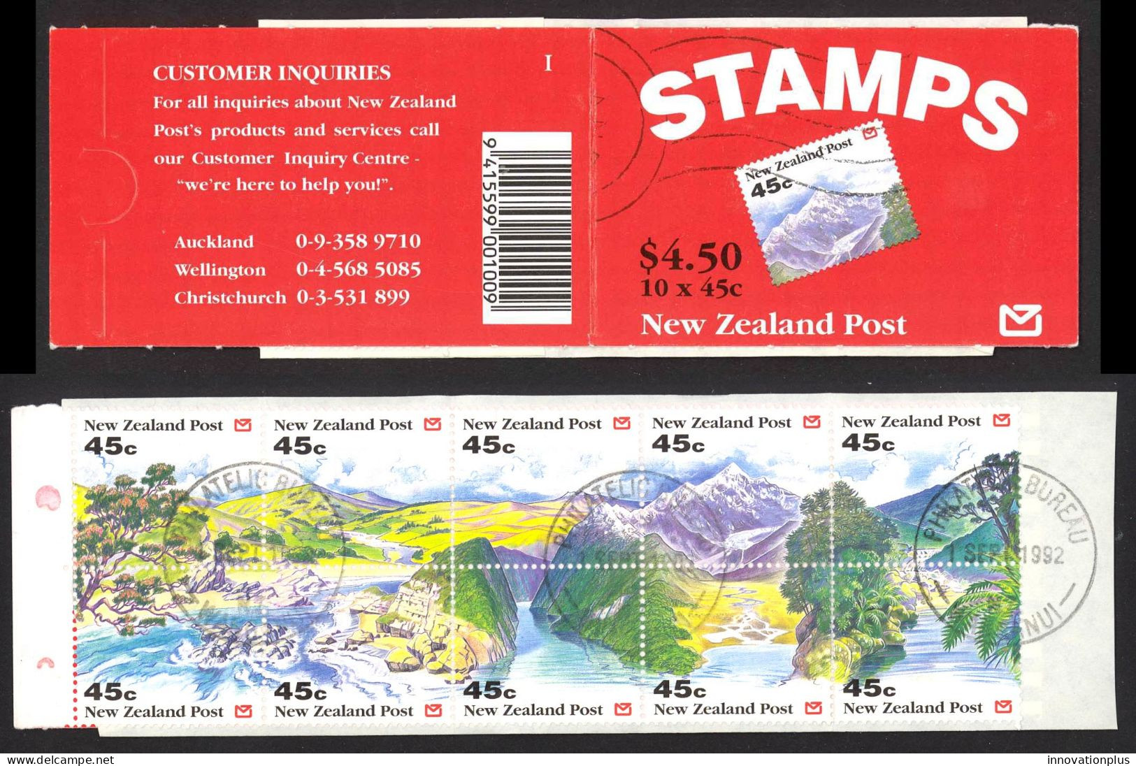 New Zealand Sc# 1125a FD Cancel Wanganui Booklet Pane/10 1992 $4.50 Panorama - Booklets