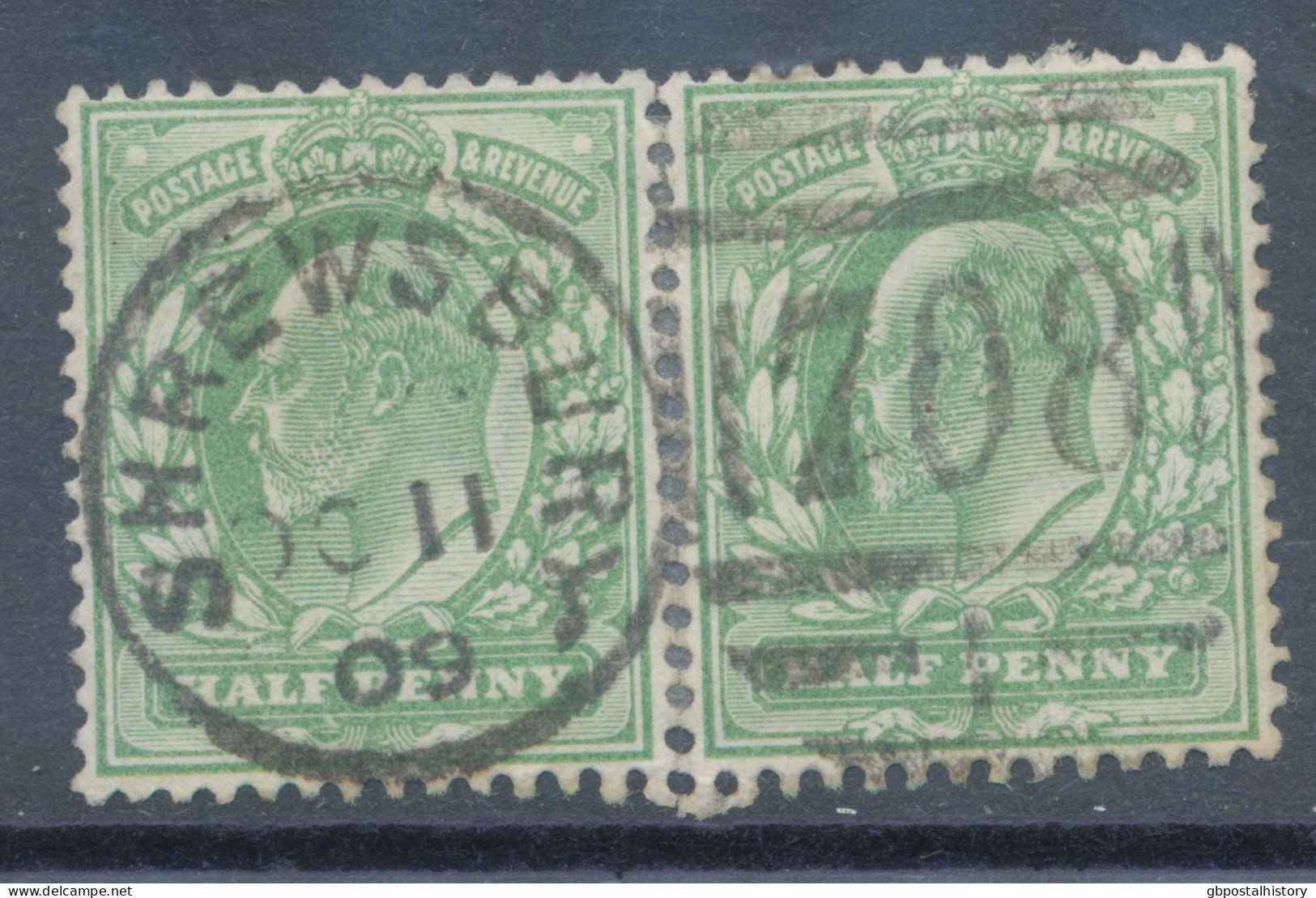 GB EVII ½d  Yellowish Green (pair) VFU With Duplex „SHREWSBURY / 708 / 1“, Shropshire (3VOD1L, Time In Full NO TIME – No - Used Stamps