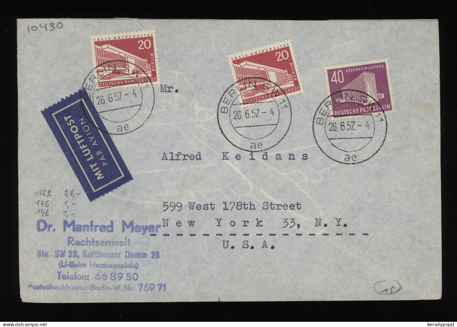 Germany Berlin 1957 Berlin Air Mail Cover To USA__(10430) - Poste Aérienne